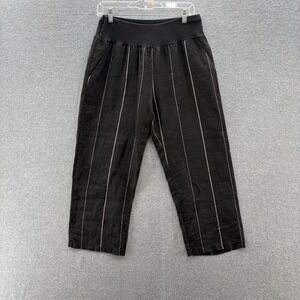 Inizio Pants Women Large Black Linen Cropped Straight Leg Stripe Boho Made Italy